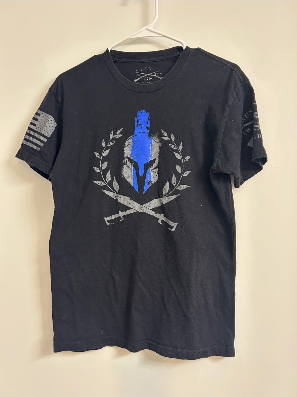 Grunt Style Black Short-Sleeve Tee with Blue Spartan Helmet